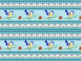 Bird cartoon character seamless pattern on blue background. Pixel style vector