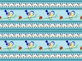 Bird cartoon character seamless pattern on blue background. Pixel style vector