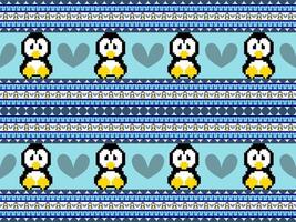 penguin cartoon character seamless pattern on blue background. Pixel style vector