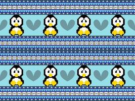 penguin cartoon character seamless pattern on blue background. Pixel style vector