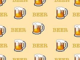 Beer cartoon character seamless pattern on yellow background.Pixel style vector