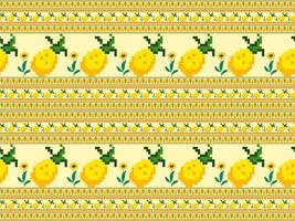 Pineapple cartoon character seamless pattern on yellow background. Pixel style vector
