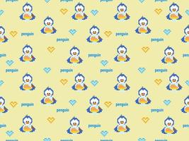 Penguin cartoon character seamless pattern on yellow background.Pixel style vector