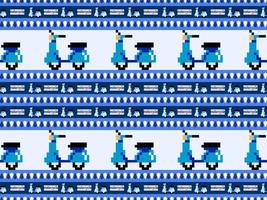 Motorcycle cartoon character seamless pattern on blue background.Pixel style vector