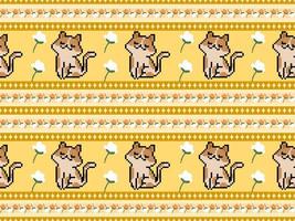 Cat cartoon character seamless pattern on yellow background.Pixel style vector