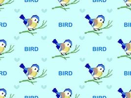 Bird cartoon character seamless pattern on blue background. Pixel style vector