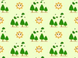 sun and tree cartoon character seamless pattern on green background vector