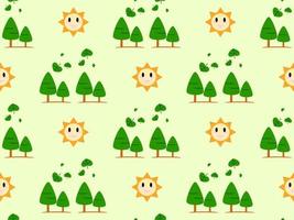 sun and tree cartoon character seamless pattern on green background vector