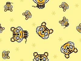 Tiger cartoon character seamless pattern on yellow background.Pixel style vector