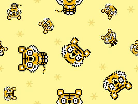 Tiger cartoon character seamless pattern on yellow background.Pixel style