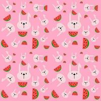 Rabbit and watermelon cartoon character pattern on pink background. vector