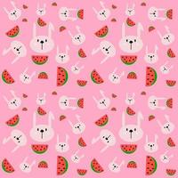 Rabbit and watermelon cartoon character pattern on pink background. vector