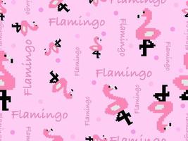 flamingo cartoon character seamless pattern on pink background. Pixel style vector