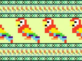 Parrot cartoon character seamless pattern on green background.Pixel style vector