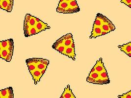 Pizza cartoon character seamless pattern on orange background.Pixel style vector