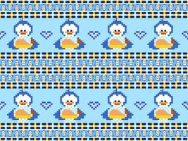 Penguin cartoon character seamless pattern on blue background.Pixel style vector