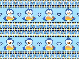 Penguin cartoon character seamless pattern on blue background.Pixel style vector