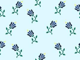 Flower cartoon character seamless pattern on blue background.Pixel style vector