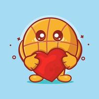 linda mascota de personaje de pelota de baloncesto sosteniendo dibujos animados aislados de signo de amor en diseño de estilo plano. gran recurso para icono, símbolo, logotipo, pegatina, pancarta. vector