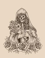 illustration sugar woman skull with engraving style