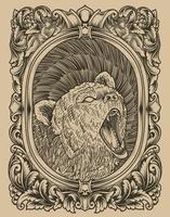 illustration vintage grizzly bear with engraving style