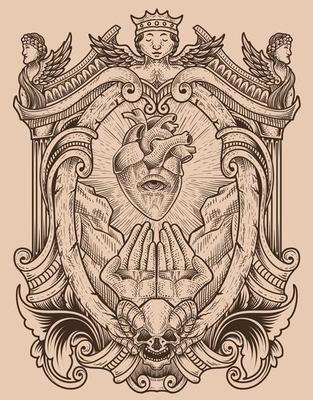 illustration antique heart with pray hand engraving style