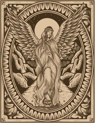 illustration vintage angel with engraving ornament style