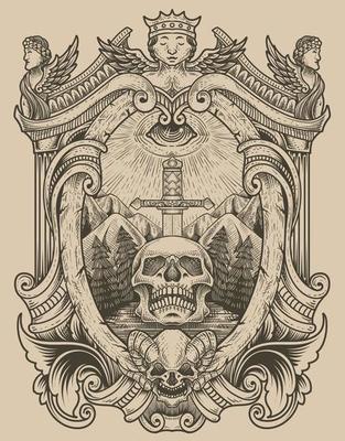 illustration antique skull sword with dark eyes engraving style