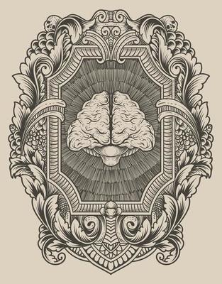 illustration antique brain with engraving style