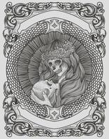 illustration sugar skull woman with engraving style