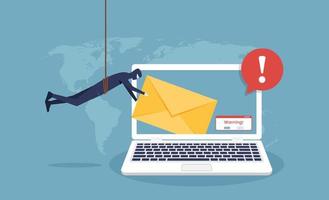 el hacker rompe el correo electrónico en el concepto de pantalla de la computadora portátil. Ilustración de vector de ataques de phishing y delitos cibernéticos