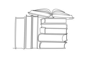 Continuous one line drawing of an opened book on a stack of books. Vector illustration for education supplies back to school theme or concept