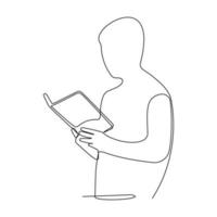 continuous line drawing of standing woman reading book vector