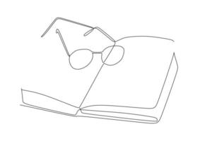 Simple single line drawing of book and eye glasses on the table. Line art design for educational concept vector