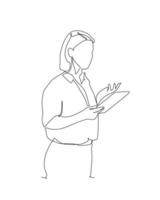 continuous line drawing of standing woman reading book vector