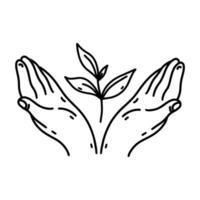 Hands holding plant with leaves vector icon. Hand drawn illustration isolated on white. Outline of sprout in human palms, eco concept. Caring for environment, monochrome sketch