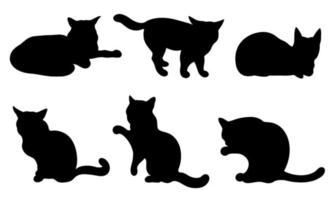 Set of vector icons black cats. Silhouettes of pets in different poses. The predator sits, walks, lies, washes, plays. Isolated on white. Hand-drawn shadows. Domestic cats.