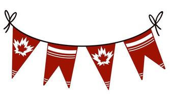 Vector illustration for Canada Day. Garland with the flag of Canada. Isolated banner on a white background. Flags on a string with maple leaves and ornament.