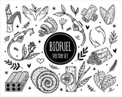 Biofuel vector icon set. Hand drawn illustration isolated on white. Alternative energy sources - biogas, biodiesel, firewood, hay, fuel briquettes, pellets. Eco friendly power, monochrome sketch