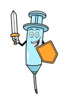 Cartoon Vaccine Syringe WIth Sword And Shield vector