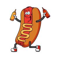 Hotdog Cartoon Character holding Sauce Bottles vector