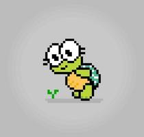 La tortuga de píxeles de 8 bits vio una planta. píxeles animales en ilustración vectorial para activos de juego o patrón de punto cruzado.