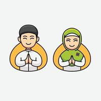 Cute moslem boy and girl  celebrating eid mubarak cartoon vector icon illustration