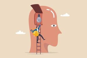 Wisdom, knowledge or creativity to solve problem, intelligence, literature or education to success in work concept, businessman climb up ladder to replace new lightbulb idea on the brain in his head. vector