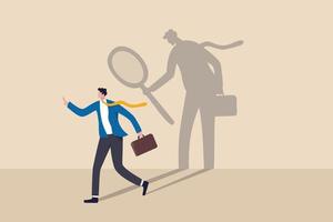 Self assessment or self analysis process to know yourself and discover plan or goal for living or work and career concept, businessman walking with shadow using magnifying glass to analyze himself. vector