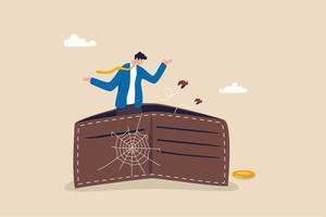 Poor or poverty with empty wallet, financial problem, trouble to pay rent or loan, bankruptcy or unemployment concept, broke businessman stand with empty wallet with bugs fly around and spider web. vector