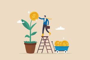 Harvest money from investment profit or earning, growing wealth or stock market prosperity, economic boom, savings or investing concept, businessman harvesting dollar coin from growing money tree.