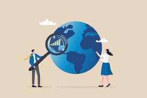 World economic analysis, global investment or international business opportunity research, forecast and analyze financial information concept, businessman with magnifier on globe with chart and graph. vector