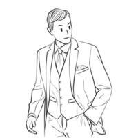 man in suit with one hand in trouser pocket line vector illustration