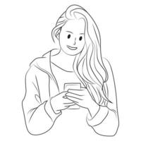 mujer felizmente mirando su teléfono contorno vector ilustración de dibujos animados